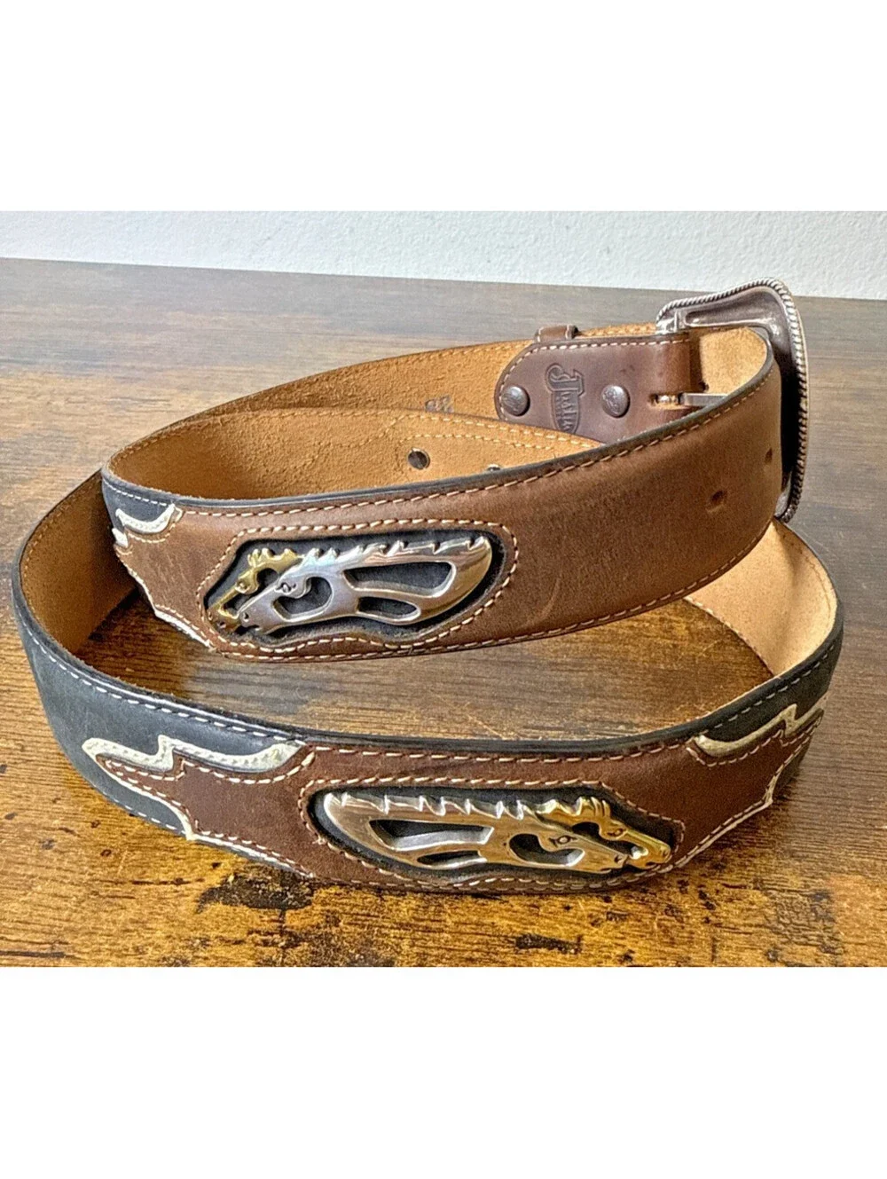Justin Boots Leather Belt C10883 Size 38 Horse Head Concho Western Brown NWOT